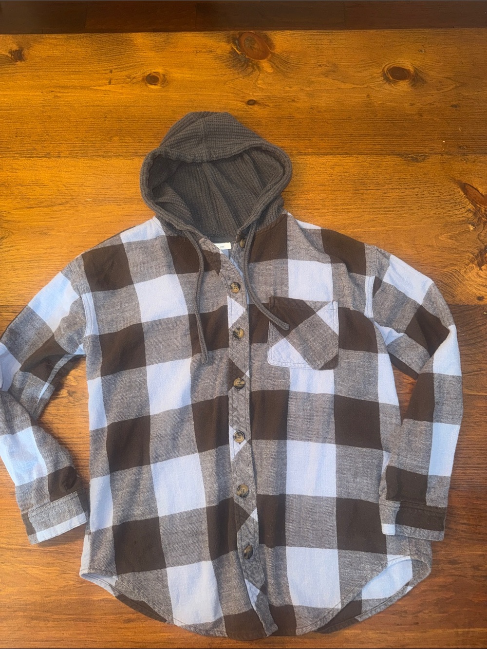 Maurices Brown & Blue Plaid Hooded Button-Down Shirt (Shacket)